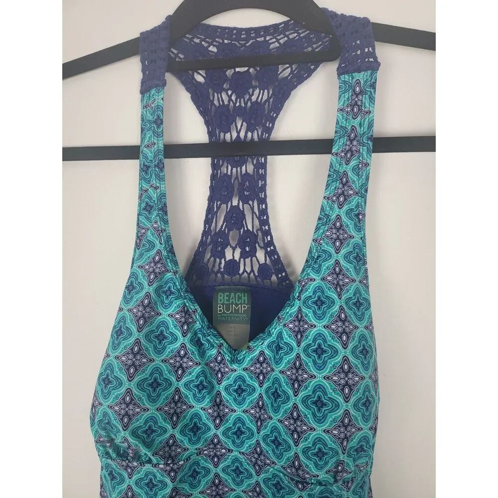 Beach Bump By‎ Motherhood Maternity Swim Top S Womens Blue Halter Crochet Padded